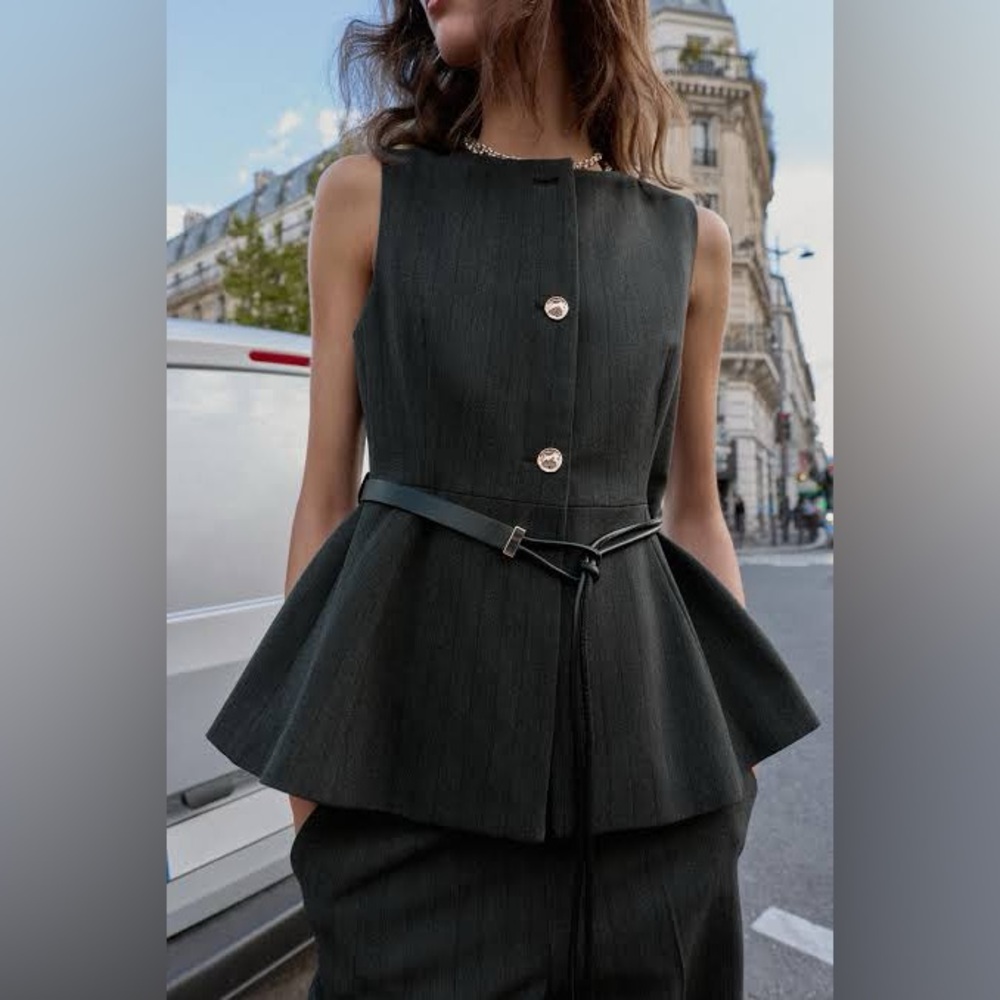 ZARA Herringbone Peplum Vest With Belt - Anthracite Grey